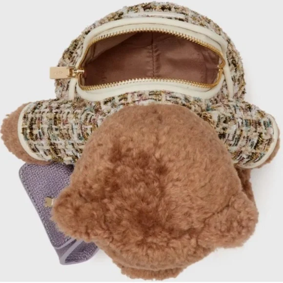 KATE SPADE OH WHAT FUN 3D TEDDY BEAR CROSSBODY FAUX FUR TWEED
